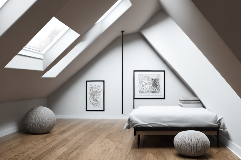 A creatively renovated attic space with various elements such as a cozy reading nook