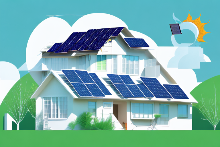 A modern house with various types of solar panel installations at different angles on the roof and in the yard