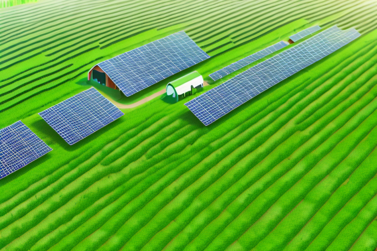 A lush green farm with solar panels integrated into the farming landscape