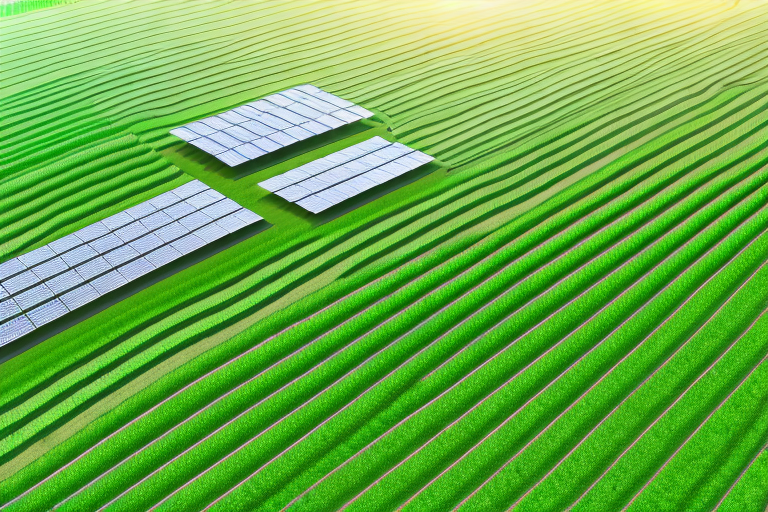 A farm landscape with solar panels integrated into the fields and crops
