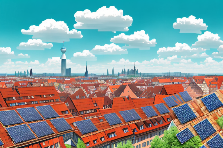 The nürnberg cityscape with multiple solar panels (pv-anlagen) installed on rooftops and open spaces