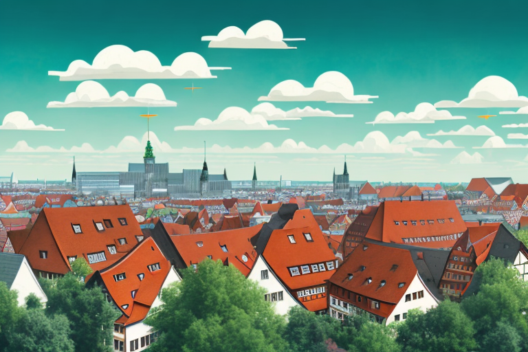 The nuremberg skyline with solar panels prominently featured on rooftops and a sun shining brightly in the sky