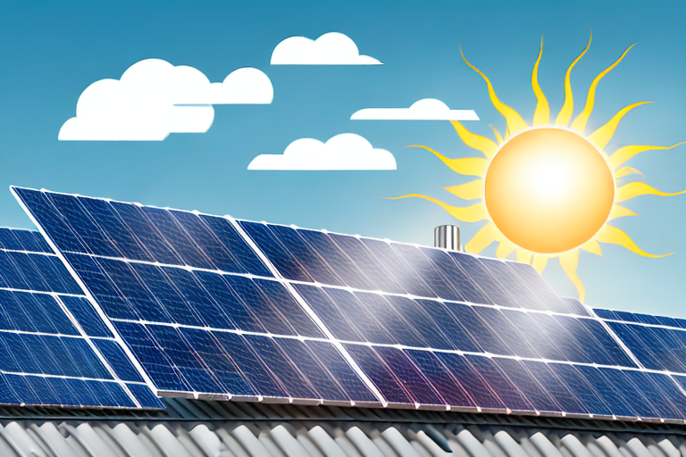 A solar thermal system on a rooftop with the sun shining on it