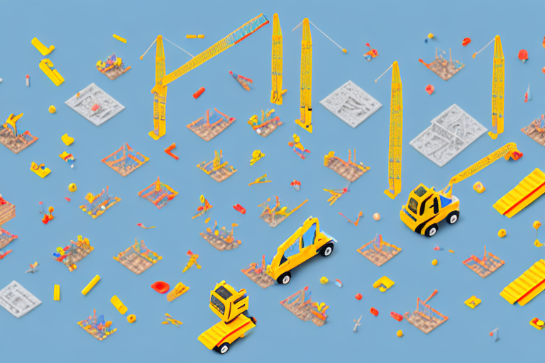 A construction site with children's toys scattered around