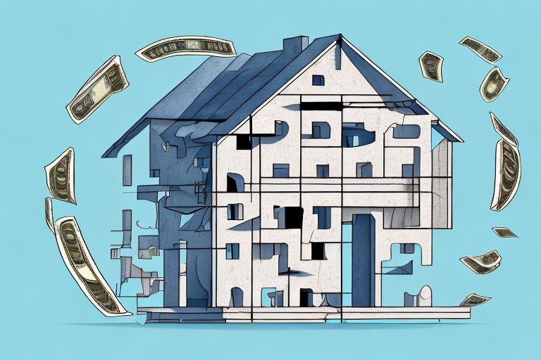 A house under construction with a symbolic representation of money (like a dollar or euro sign) embedded in the structure