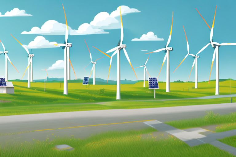 A rural landscape with various symbols of development such as wind turbines