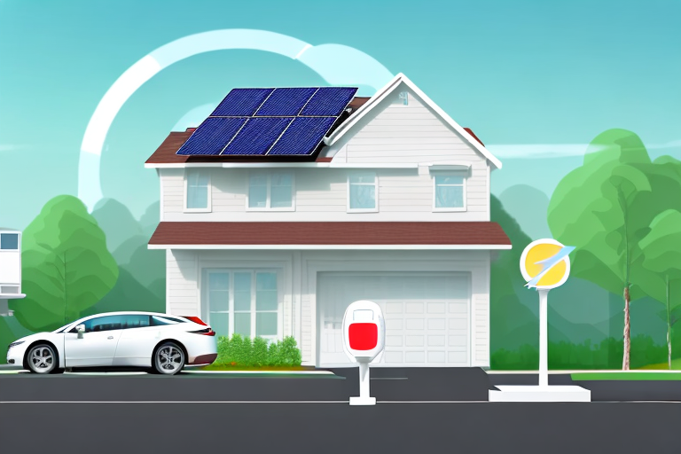 A house with solar panels on the roof and an electric car charging in the driveway
