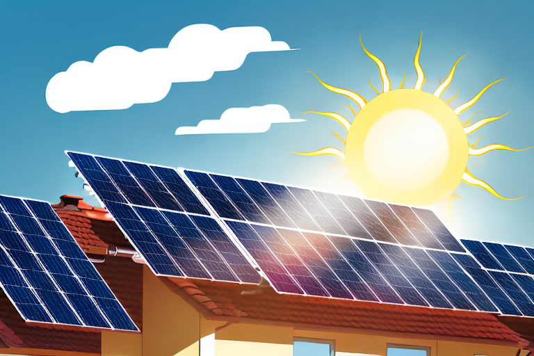A solar heating system with sun rays hitting the solar panels on a house roof
