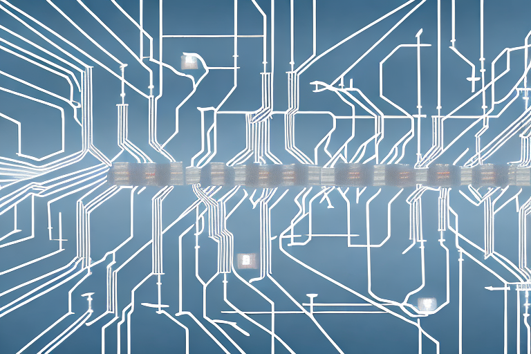 Various types of electrical fuses and circuit breakers connected to a complex grid of power lines