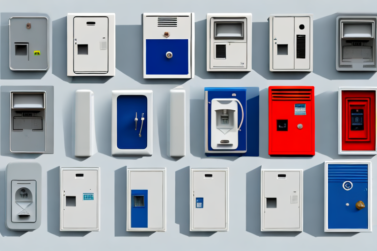 A variety of different types of electrical boxes (stromkasten) in a residential setting