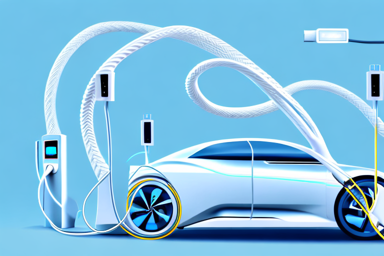 Various types of electric car charging cables plugged into charging stations