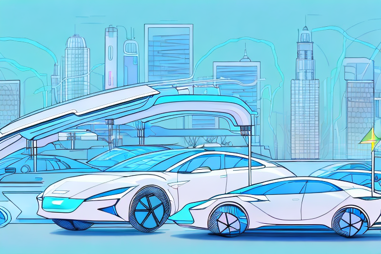 A cityscape with futuristic electric charging stations