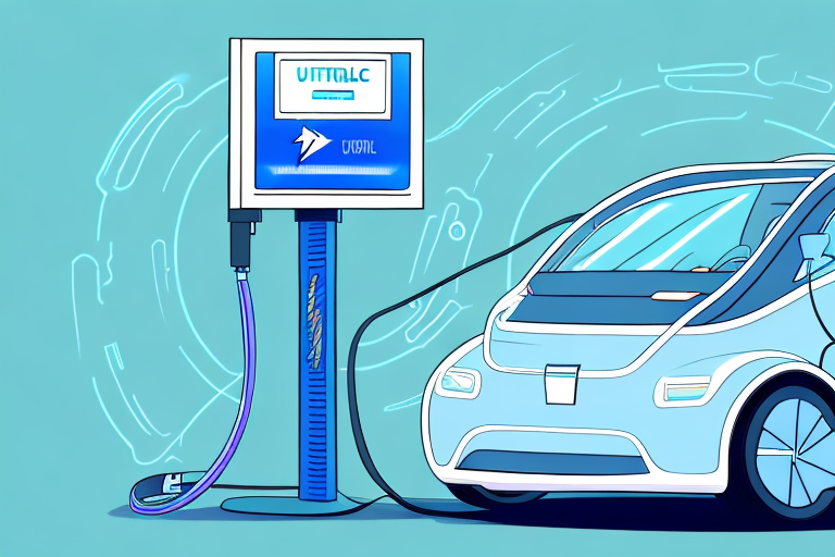 An electric car parked near a public charging station in an urban setting