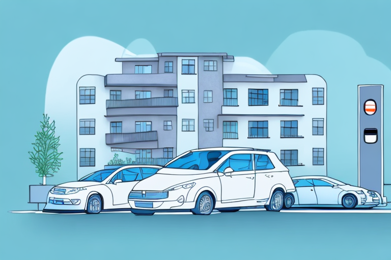 An apartment building with a parking area