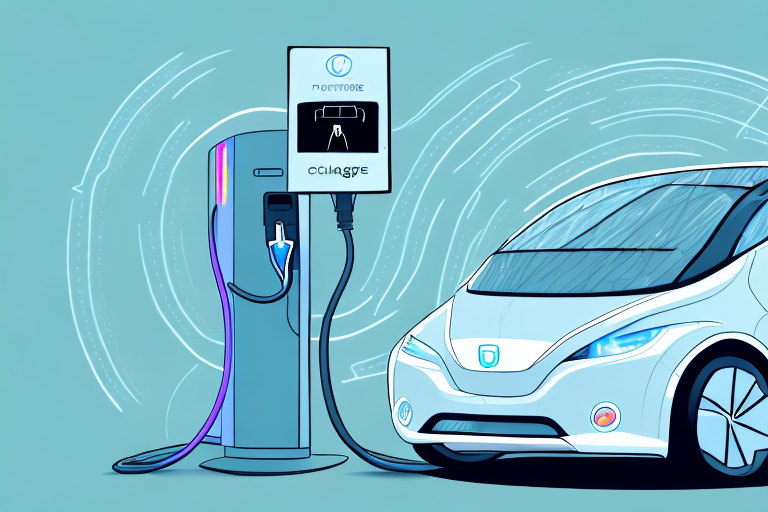 An electric car parked near a public charging station in an urban setting