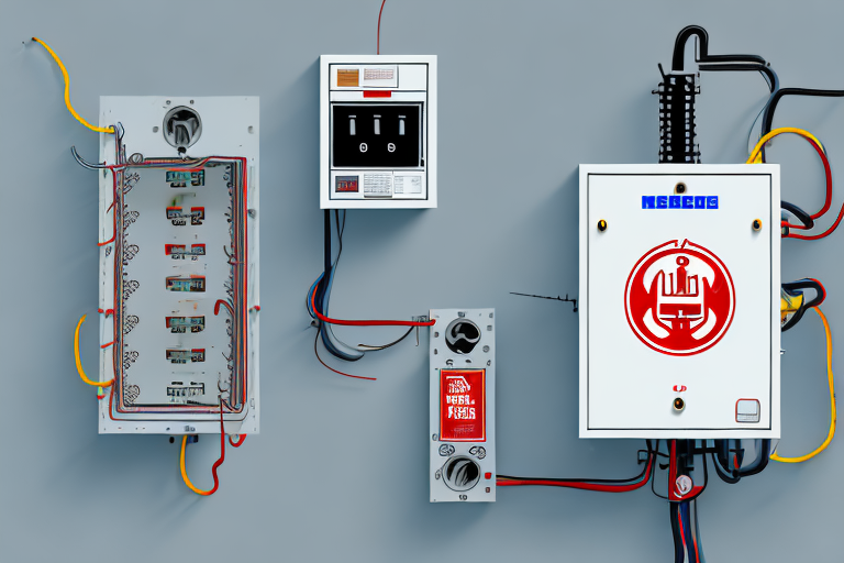 An open electrical fuse box with labeled switches and wires