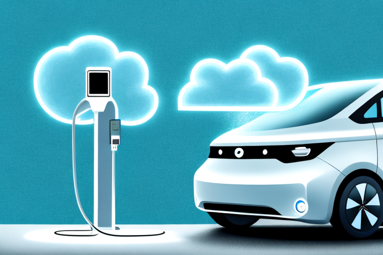 An electric car plugged in at a charging station under a rain cloud