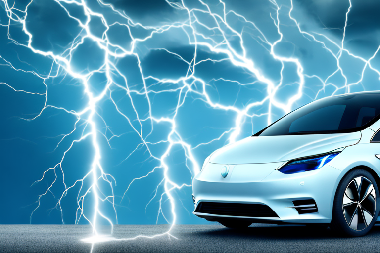 An electric car plugged into a charging station under a stormy sky with lightning bolts