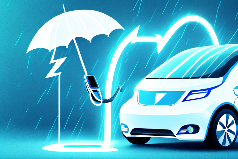 An electric car parked at a charging station in the rain