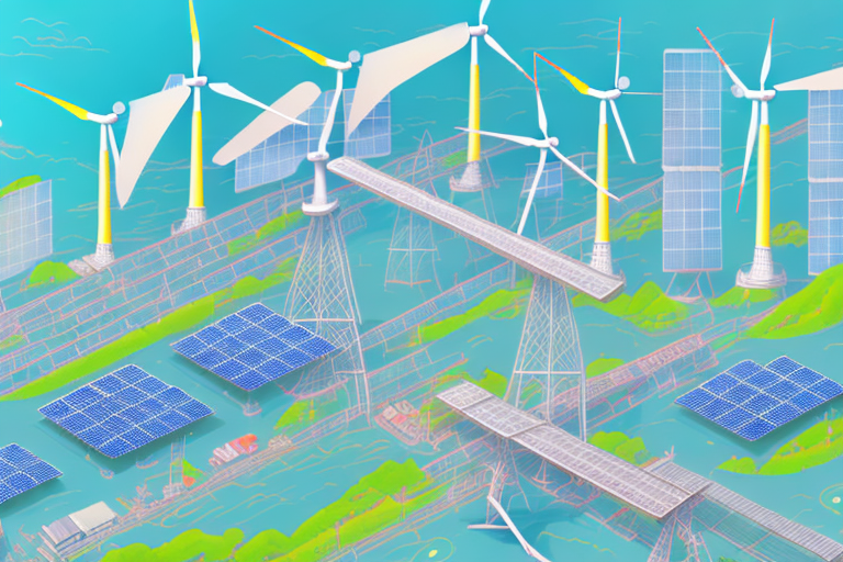 A vibrant asian cityscape powered by various forms of renewable energy sources like solar panels