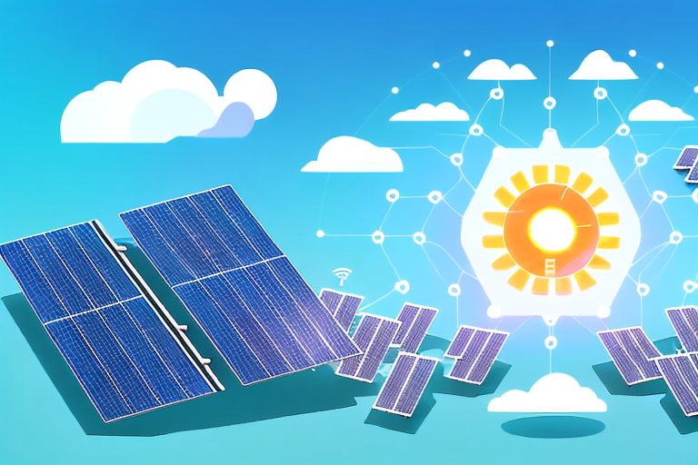 A solar panel array with a digital interface displaying various energy management metrics