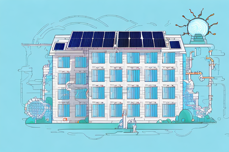 An old building undergoing energetic renovation with visible energy-saving technologies like solar panels