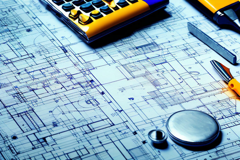A construction blueprint with various renovation tools