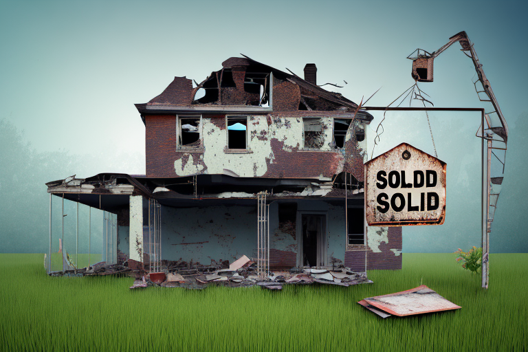 A dilapidated old house with a "sold" sign in the front yard