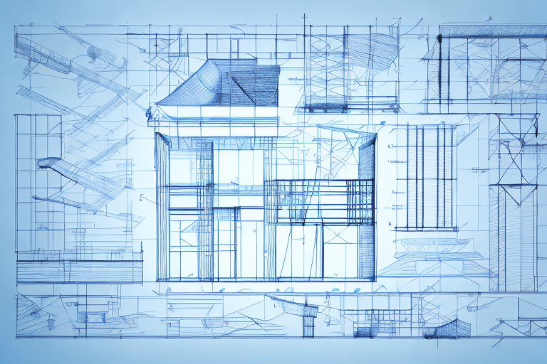Various construction tools and blueprints