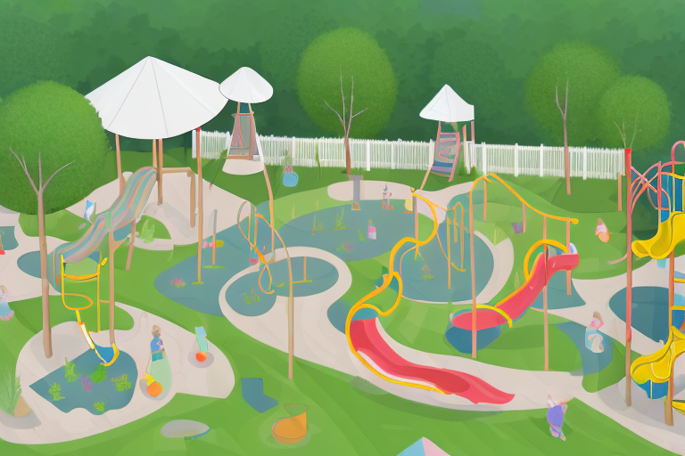 A creatively designed kindergarten outdoor area with various elements like a sandbox