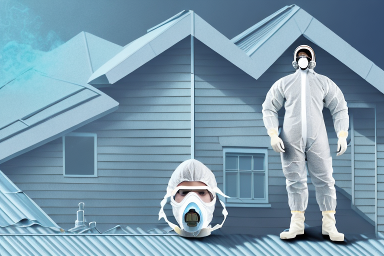 A protective suit and equipment like a respirator mask and gloves next to a house with an asbestos roof