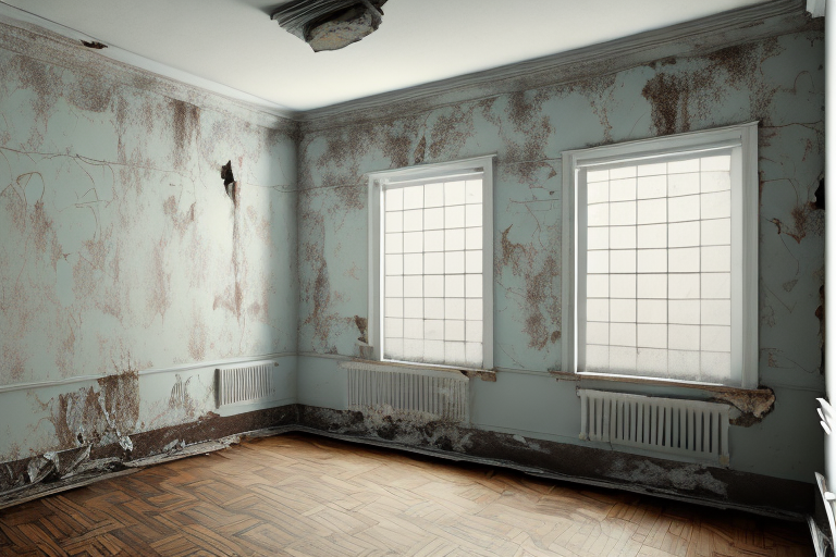 An old apartment interior with visible areas marked for renovation