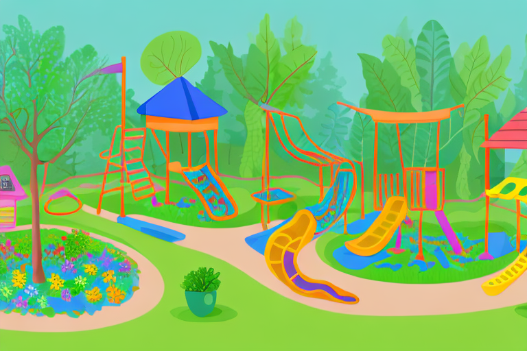 A vibrant kindergarten outdoor area with various elements such as a sandbox