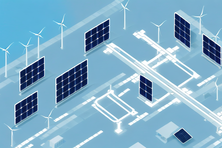 A modern building with visible energy-saving technologies such as solar panels and wind turbines