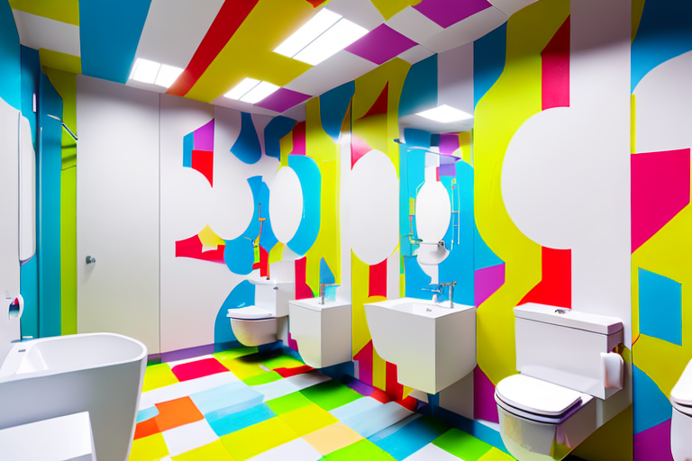 A kindergarten bathroom with colorful wc partitions