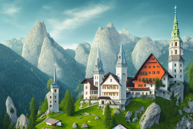 A scenic austrian landscape with prominent stone structures