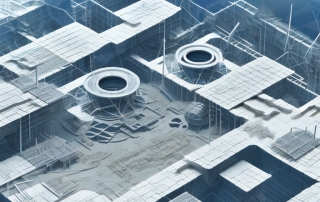 A futuristic construction site with advanced machinery and sustainable building materials