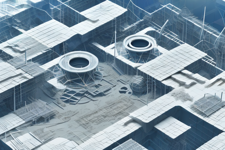A futuristic construction site with advanced machinery and sustainable building materials
