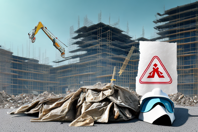 A protective suit and mask next to a pile of construction waste