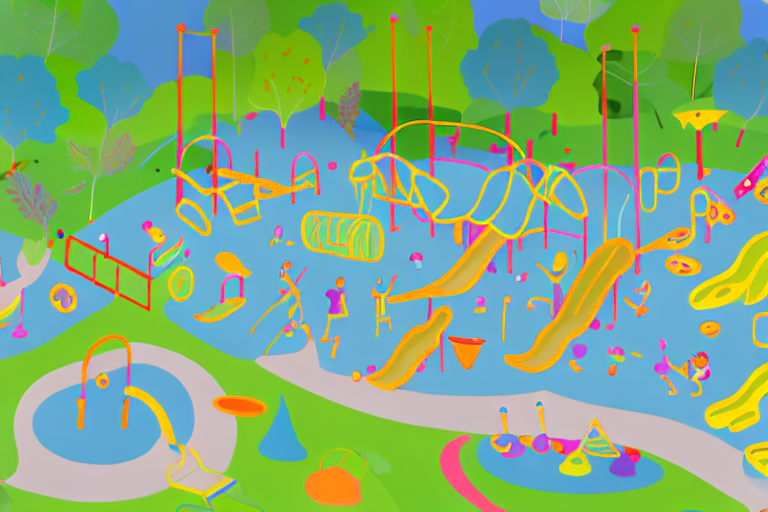 A colorful and lively outdoor playground of a kindergarten