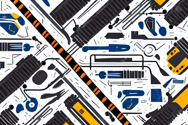 A railway track under construction with various tools and equipment scattered around