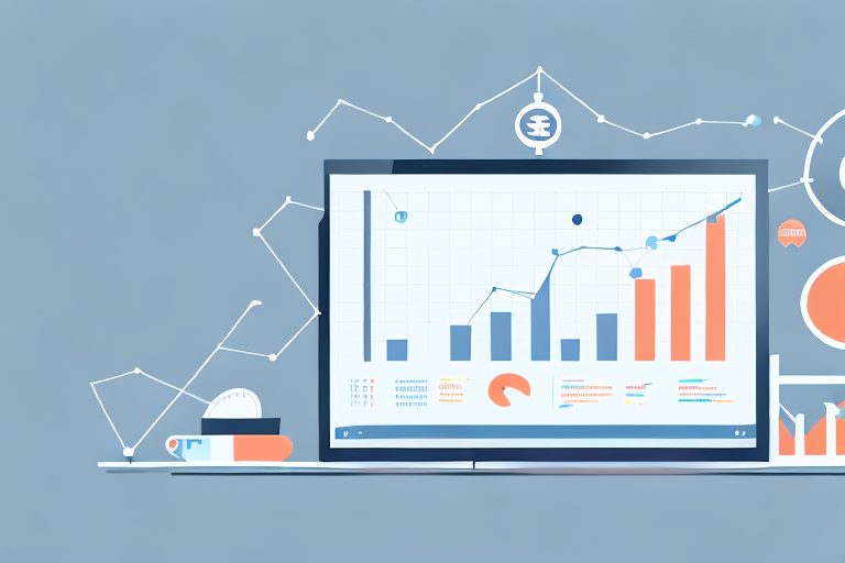 A desk with a laptop displaying charts and graphs