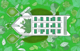 A building with a lush green roof filled with various types of plants and flowers
