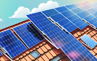Solar panels installed on the rooftops of various buildings in an urban landscape
