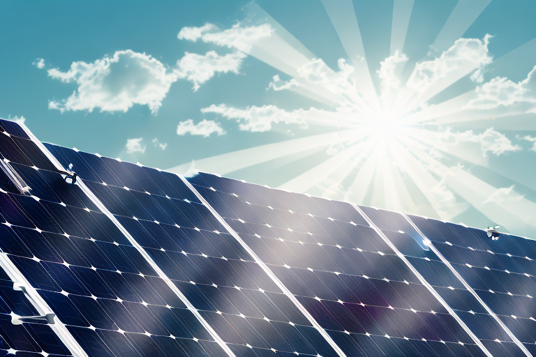 A rooftop solar photovoltaic (pv) system with rays of sunlight hitting the panels