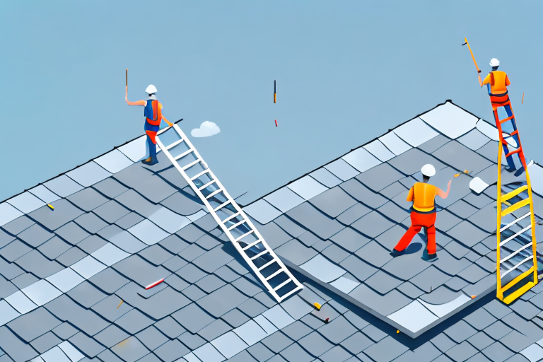 A rooftop undergoing renovation with various tools like hammers