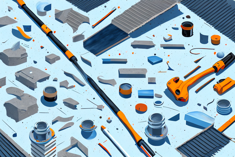 A flat roof under renovation with various tools and materials scattered around