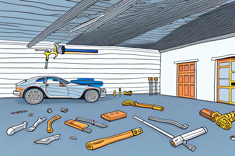 A garage with a partially renovated roof
