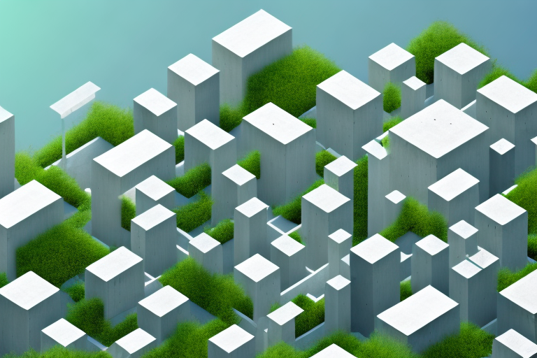 A construction site with buildings being constructed from concrete blocks without cement