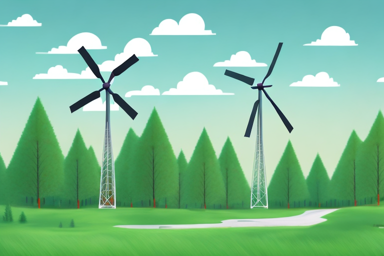 A forest with a variety of trees and a windmill in the background